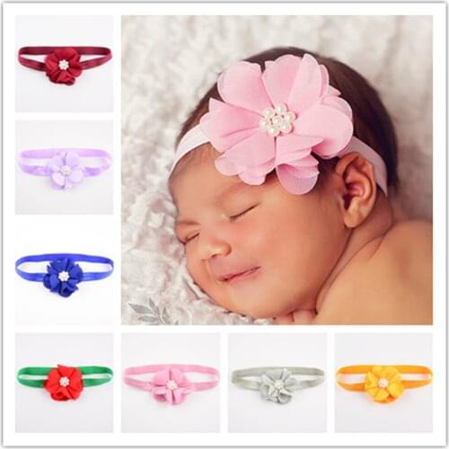 30 pcs/lot , Beaded Chiffon Flower on Elastic Headband, Fabric flower headbands