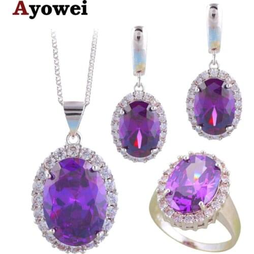 Ayowei Anniversary Purple Zircon Jewelry Silver Stamped CZ Fashion Jewelry Sets Earring Necklace Ring Sz #6#7#8#9#10 JS693A