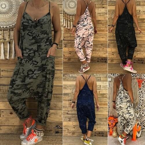 Plus Size Harem Pant Baggy Jumpsuit Sexy Camouflage Clothing Low Crotch Harajuku Xxl Deep V Neck Hip Hop Jumpsuit Women Backless