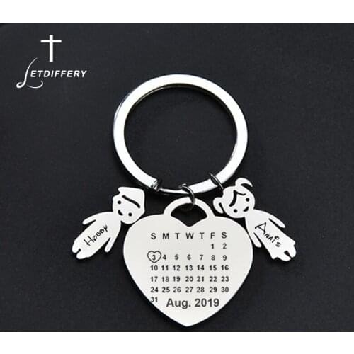 Letdiffery Custom Boy Girl Calendar Keychain Stainless Steel Laser Engrave Name Date Photo Never Fade Keyring Anniversary Gifts