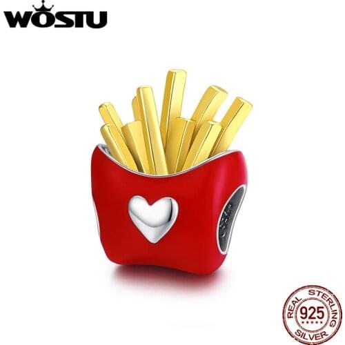 WOSTU Delicious Fries Sterling Silver 925 Beads Red Enamel Charms fit Original Silver Bracelet DIY Jewelry Making DXC1606