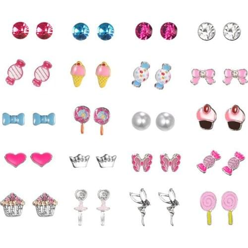 20 Pairs Kids Stud Earrings Set Mixed Color Cute Animal Heart Pearl CZ Studs Kit