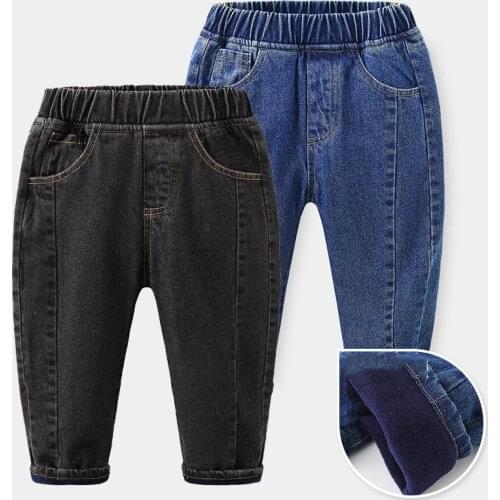 Jeans Boys Winter New Solid Velvet Warm Children Clothes Elastic Waist Blue And Black Pockets Outwear Trousers For Kids 2-6Y
