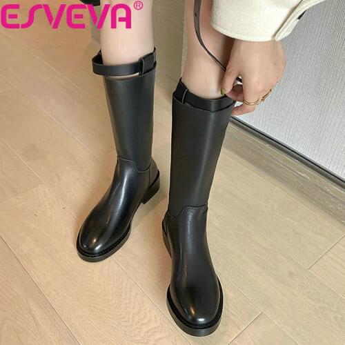 ESVEVA 2022 Winter Genuine Leather Mid Calf Boot Med Heel Motorcycle Boots Women Shoes Size 34-39