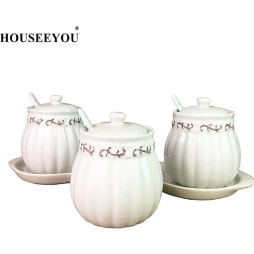 HOUSEEYOU European Sugar Pot Candy Bowl Seasoning Jar Box Condiment Spice Mediterranean Ceramic Kitchen Container Canister Cruet