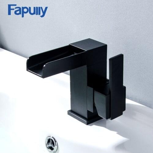 Fapully Black Basin Bathroom Sink Faucet Waterfall Faucet Single Hole Single Handle Vessel Sink Brass ORB Hot Cold Mixer Tap