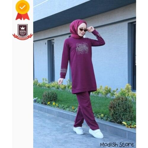 Stone Printed Sports Double Muslim Sets Large Sizes Turkish Dresses Dubai Abaya Muslim Fashion Ramadan Islamic Modest Dress