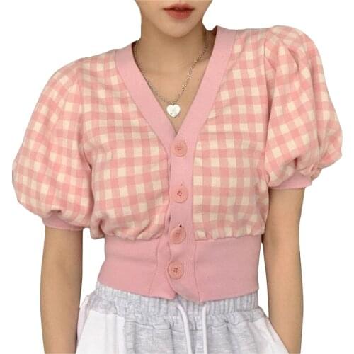 2021 Women Plaid Crop Tops Adults Button-down Color Block Puff Sleeve V-neck Cardigan for Daily Life OfficeGoing Out School