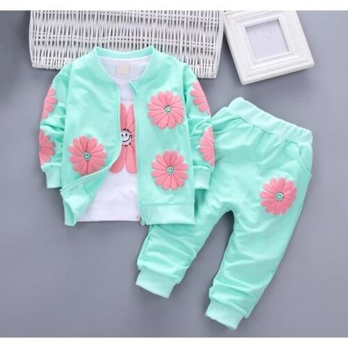 Girls Clothing Set Autumn New Cartoon Long-Sleeved T-Shirt + Jacket Zipper Shirt + Pants 3 Pcs Childrens Casual Wear 1-4 Years