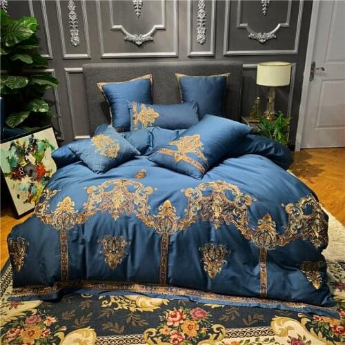 Blue Europe Luxury 80S Egyptian cotton Embroidered Bedding sets Queen King Royal Duvet cover Bed sheet set Pillowcases 4/6pcs