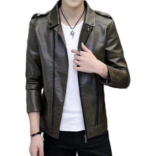 Mens new Korean locomotive slim Leather Mens plush leather coat British casual fashion mens leather jacket
