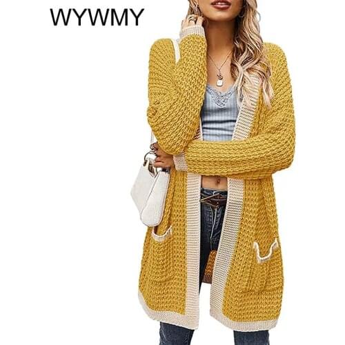 WYWMY 2021 New Cardigans Women Sweater Spring V Neck Long Sleeve Open Knitted Casual Loose Sweaters Jacket Female Knit Coats