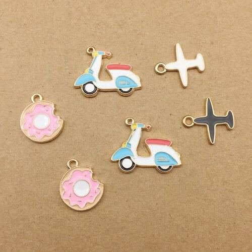 Newest 40pcs/Lot Gold Tone Plated Food Donut Bike Fly Airplane Shape Enamel Alloy Charms Oil Drop DIy Jewelry Findings Ornaments