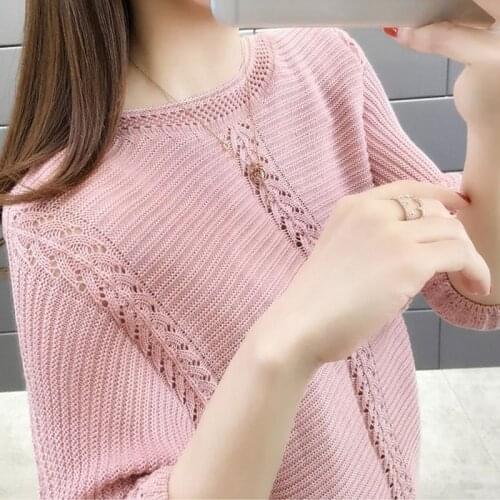 New Thin Sweater Women round Neck Half-Sleeve Shirt Short Hollow Bat Shirt All-match Shirt Women