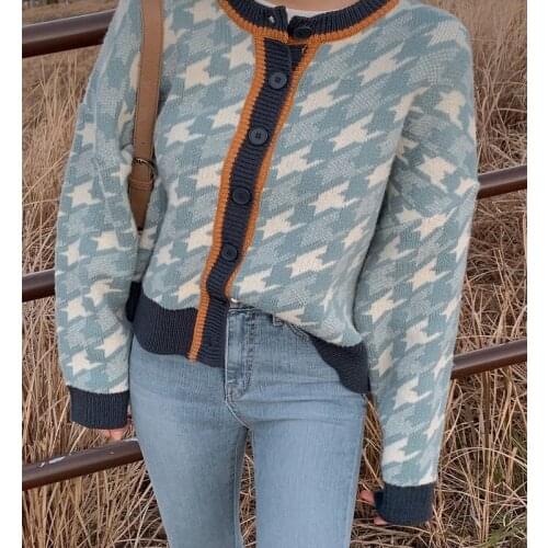 2020 New Arrivals Winter Sweater Cardigans Korean O-neck Houndstooth Pattern Long-sleeved Jumper Wool Causal Knitted Tops