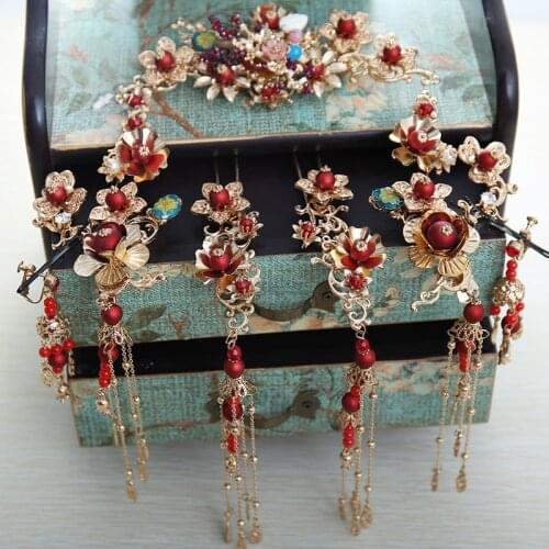 New style Chinese crown long tassel hair sticks red pearls tiara costume wedding brides headdress