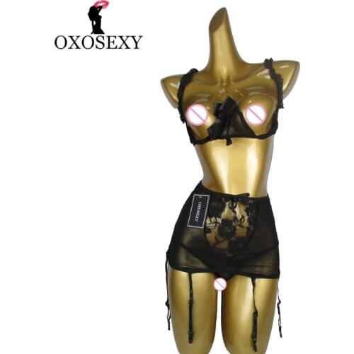 OXOSEXY new Women Sexy Lingerie hot Garter bow black lace Bandage erotic porn sexy underwear hollow bust sexy costumes 380