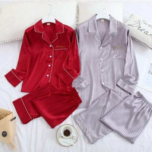 Couple Casual Striped 2PCS Pajama Sets Loose Faux Silk Sleepwear Turn-down Collar Shirt&Pant Nightwear Spring Autumn Home Wear