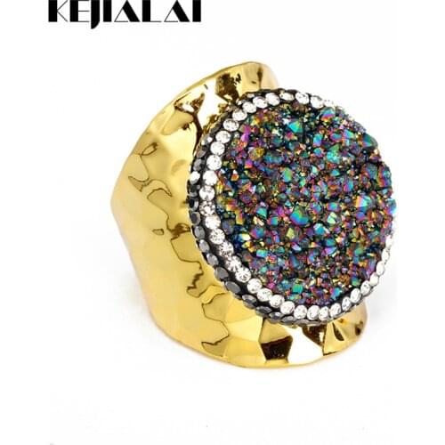 Couple Daily Jewelry Shampagne Dark Purple Orange Druzy Rough Stone Pave Rhinestone Golden Adjustable Open Unisex Luxury Ring