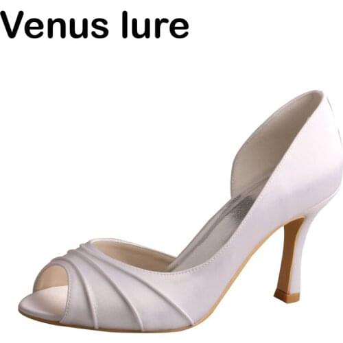 Pleated Upper White Heels Open Toe Summer Court Shoes for Wedding