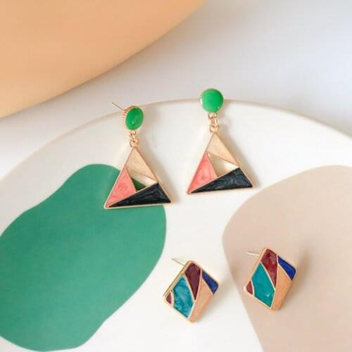 Retro Contrasting Color Oil Drop Square Pendant Earrings No Piercing Female Metal Geometric Rhombus Triangle Ear Clips Earrings