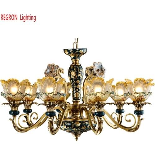 Regron French Style Chandelier Modern Large Copper Glass Led Chandelier Antique Hanging Lights For Villa Stairs Lounge Party