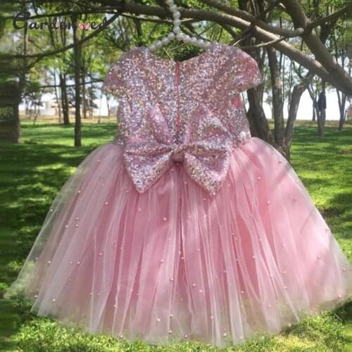 Gardenwed Sequin Pearls Ball Gown Flower Girl Dresses Pink Bow Princess Dress Lovely Girl Wedding Party Dress