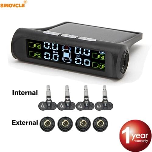 Sinovcle Car TPMS Tire Pressure Alarm Monitor System Internal / External Temperature Warning Tpms Display Solar Power Charging