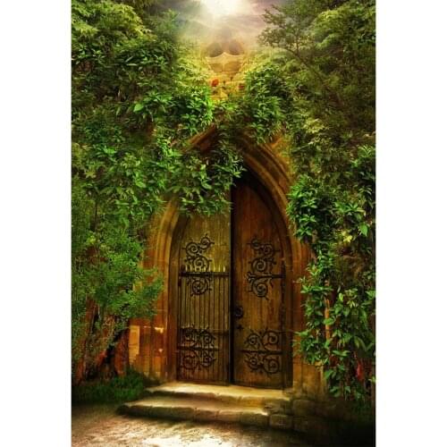 Fairy Tale World Photography Background Green Trees Palace With Wooden Door Backdrop For Baby Shower Photo Studio Booth Props