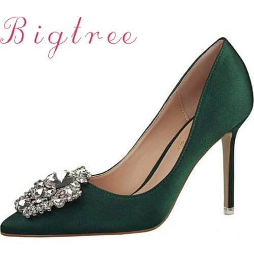 Women shoes brand female Cinderella diamond slipper red gold High-heeled shoes thin heels pointed toe green woman wedding shoes