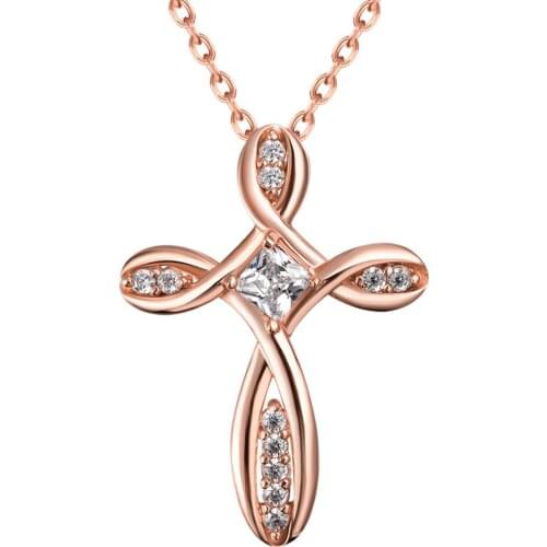 ZEMIOR Classic Cross Pendant Necklaces For Women 5A Clear Cubic Zirconia Rose Gold Color Necklace Party Hot Sale Fashion Jewelry