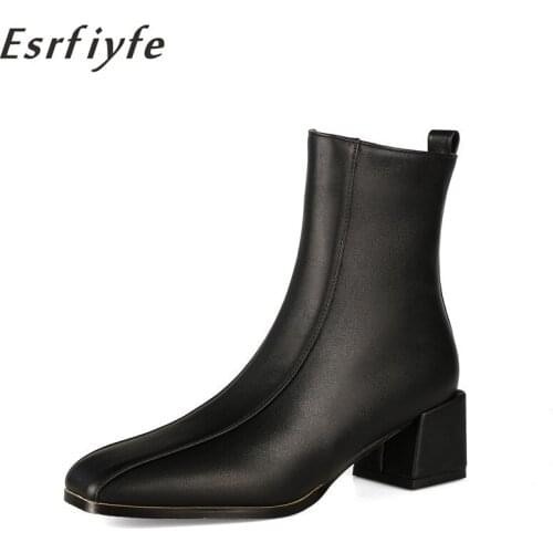 ESRFIYFE 2020 New Fashion Square Toe Ankle Boots Autumn Winter Women Boots Comfortable Thick Heel Ladies Shoes Large Size 34-48