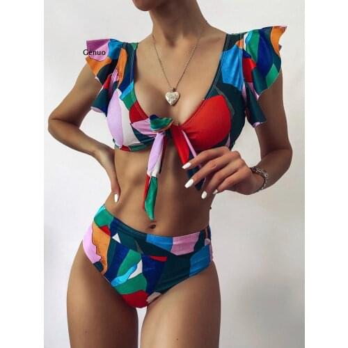 Women Multicolor Bikini Swimwear Sexy Brazilian Push Up Ruffles Bikini Sets Swimsuit Female Geometric Print Bathing Suit Biquini