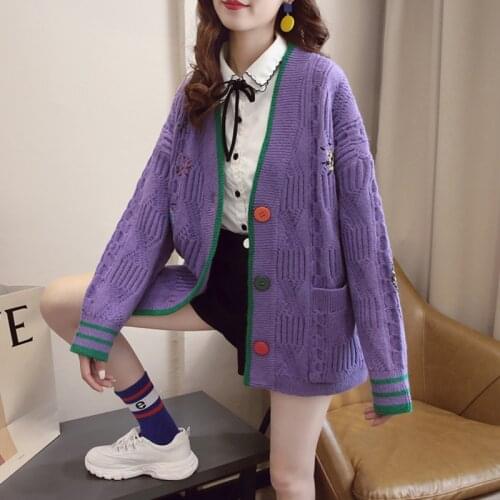 Cardigan Womens Spring Autumn 2021 New Embroidery Patch Loose Korean Style Versatile Fashion Long Sleeve Top Cardigan Feminino