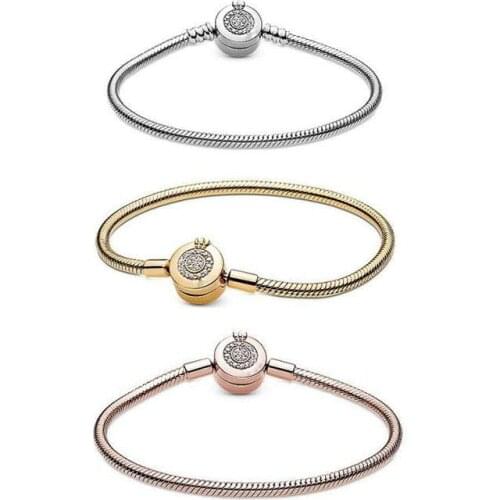 2020 New 925 Sterling Silver Rose Gold Glittering Crown O Snake Bone Bracelet Fit European Bracelets Jewelry