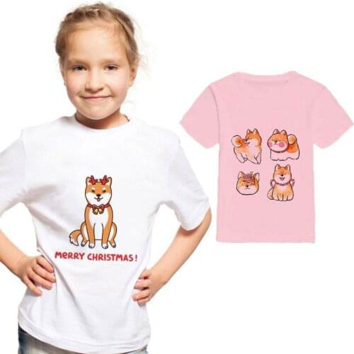 2020 Christmas Shiba Inu Gifts Novelty Print Girl Clothes Baby Shirt Active Girls Shirts Pink White Boys T Shirts Kawaii Casual