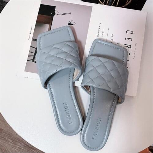 2021 hot Fashion Womens Square head Toe Slippers Ladies Summer Candy Colors Sandal Slipper Casual PU Leather Flat Shoes Female