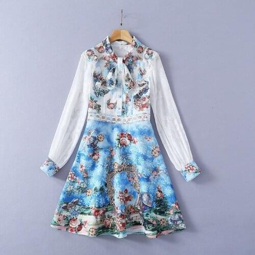 222 2021 Runway Dress Spring Summer Dress Long Sleeve Crew Neck Blue Flora Print Panelled SH