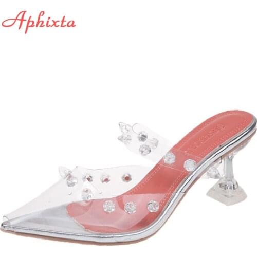 Aphixta Cool Transparent Rivets Thin Heels Slides Women Mules Summer Women Pointed Toe Flip Flops Shoes Plus Size 41 42