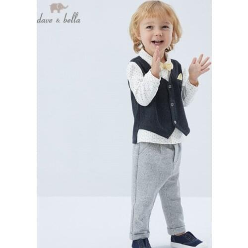 DB17698 dave bella spring baby boys casual removable bow clothing sets kids fashion long sleeve sets children 2 pcs suit