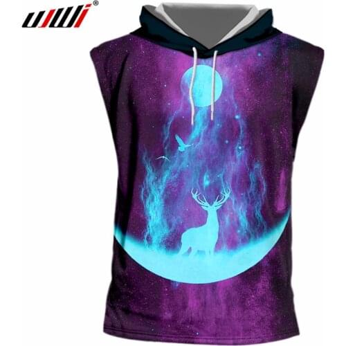 UJWI Mens Cool Print Nightfall T-shirt Deer Casual T Shirts Homme Hip Hop Streetwear Sleeveless Hooded Hoodies Pullovers Unisex