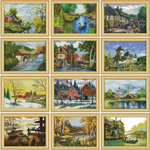 HUACAN Sunset Scenery Painting Counted Cross Stitch 11CT 14CT White Canvas Cross Stitch Set For DIY Needlework Embroidery Kit