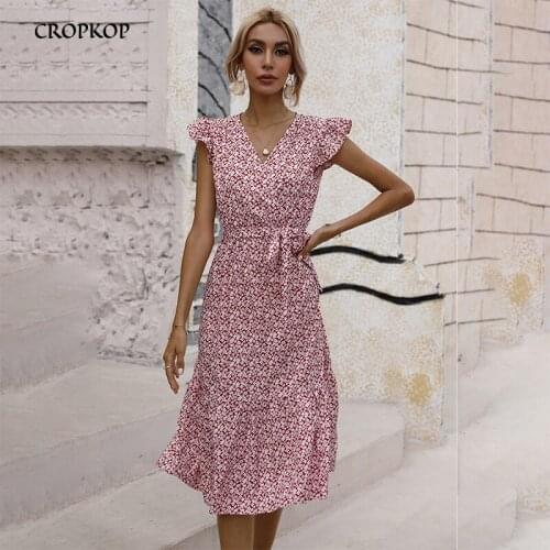 Summer Women Floral Short Sleeve Midi Dress Fashion V Neck Ruffle Stitching Beach Dresses Casual Bandage Green Party Sundress