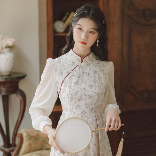 Gril Sweet Cute Vestido Floral Cheongsam Dress Lace Print Chinese Stand Collar Retro Elegant Dress Y2K Womens Clothing 2021