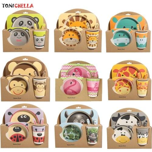 5pcs/sets Baby Dish Tableware Set Natural Bamboo Fiber Bowl With Cup Spoon Plate Fork Feeding Dishes for Kids Utensils T0377