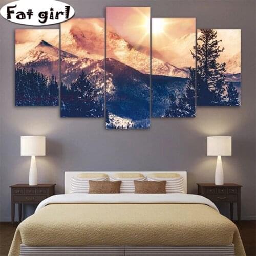 5 Panel Wall Art Diamond Painting Dawn In The Mountains Diy Square Round Drill Natural Scenery Cross Stitch Embroidery Mosaic