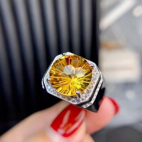Natural Citrine Rings for Unisex Men Party Birthday gifts Big Real gemstones 12mm 925 Sterling Silver Free shipping