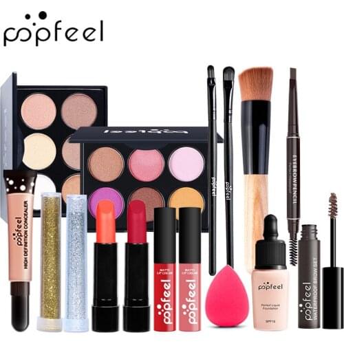 POPFEEL Professional Makeup Shimmer Eyeshadow Pallete Kit Waterproof Lip Beauty Tool Eyebrow Pencil for Men Women Cosmetics Set