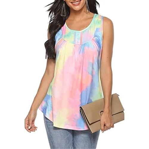 Witbuy Casual Vintage Vest Tops Womens Summer Sleeveless Fashion Blouse Geometric Print Zip Crew Neck T-Shirt With Button Decor