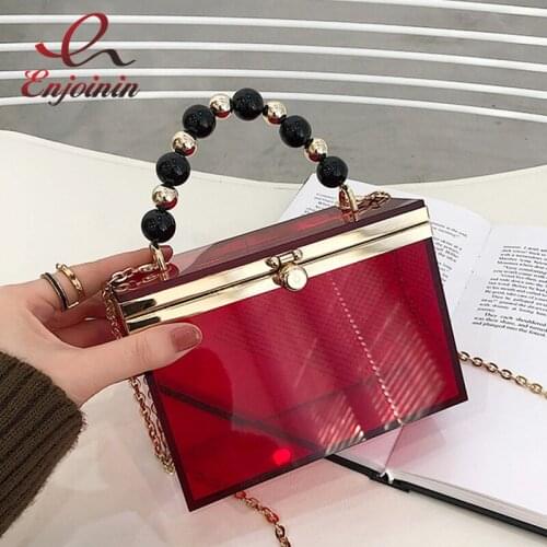 Transparent Acrylic Box Handbag for Women Party Clutch Bag Fashion Shoulder Chain Bag Color Beaded Handle Luxury Designer Bags
